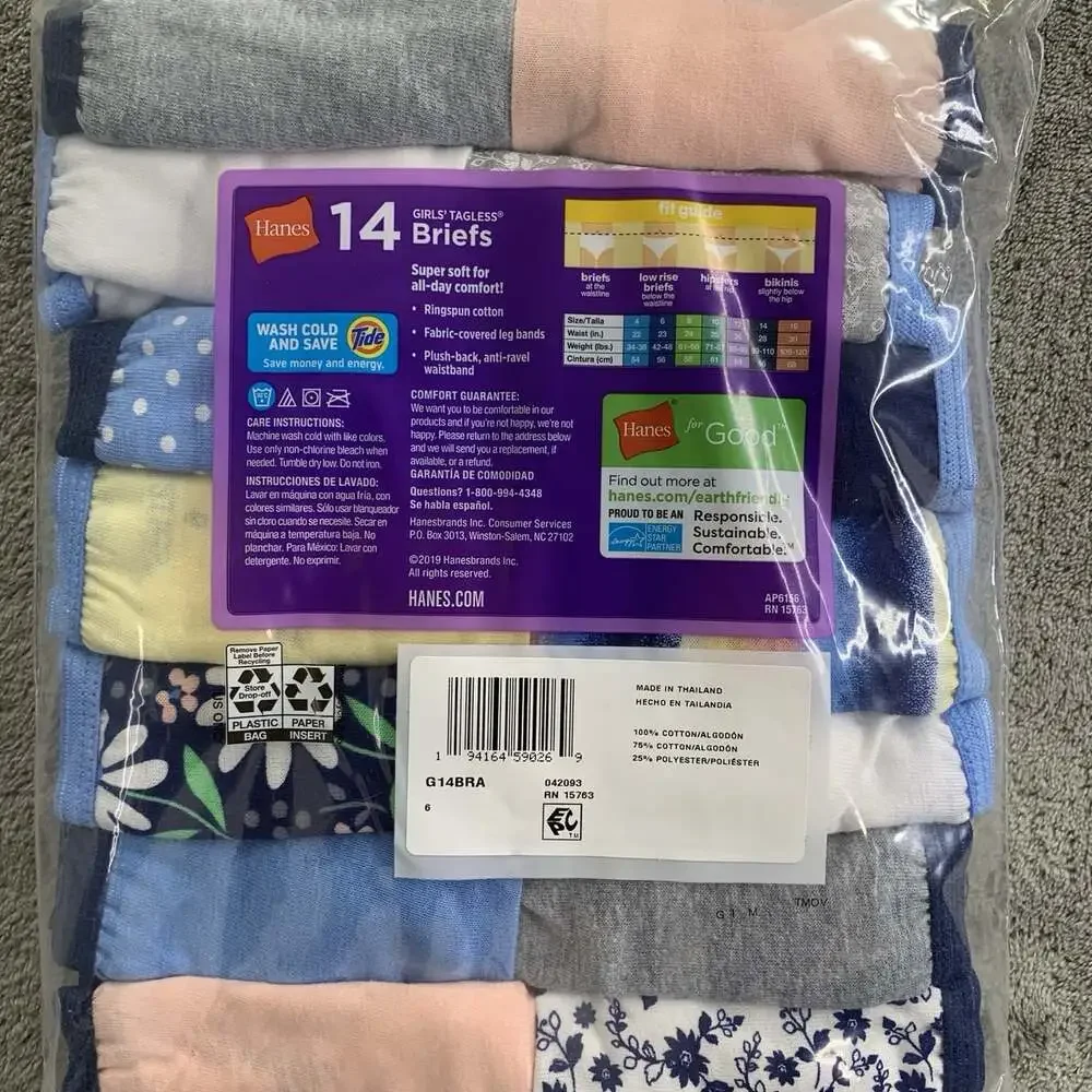 Hanes Underwear Youth Girl 6 Tagless 14 Briefs Soft Breathable No Ride Up Cotton